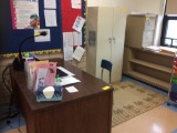 Teachers desk, 2 tables, file, metal cabinet. (contents not included)