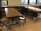 27 folding chairs, 4 folding tables, desk, file, shelf.  (contents not included)