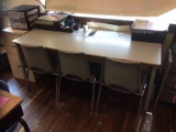 Teachers desk, 4 tables, 5 computers, 2 files  (contents not included)