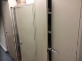 3 metal cabinets, wood shelf  (contents not included)