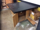 Two wood top work tables and three wooden cabinets. Contents not included