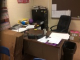 Two file cabinets, table, desk, office chair. Contents not included