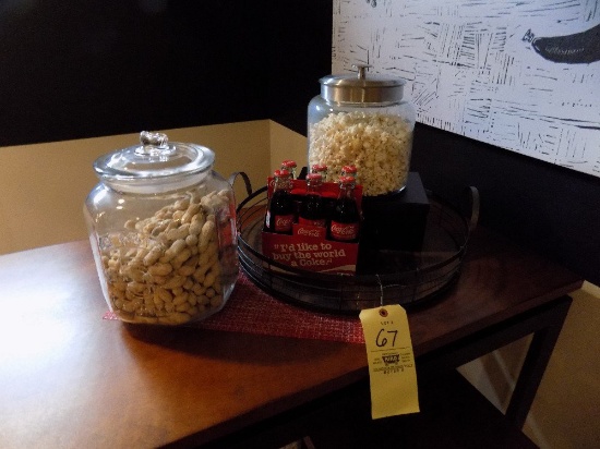 Peanut and popcorn jars, metal tray, and storage box