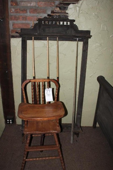 Antique Wooden Cue Stick Holder & Wooden High Chair