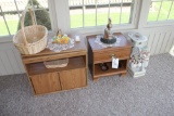 TV stand, end table, elephant stand, pelican pottery & baskets