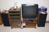 Sanyo TV, Orion VHS, Presidian record player, Sony audio center w/ Fisher speakers