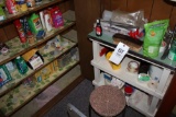 Contents of 2 closets including: canning, cleaners, ice packs, stand on wheels w/ contents & lamp