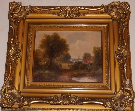 Signed R. Fenson (English 1889-1914), Oil On Canvas, Scene With Woman, Pond, Cottage