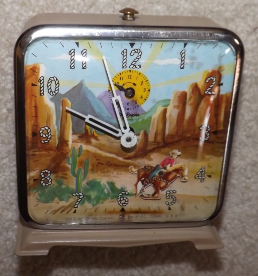 Old Windup Alarm Clock With Western Cowboy On Horse Scene