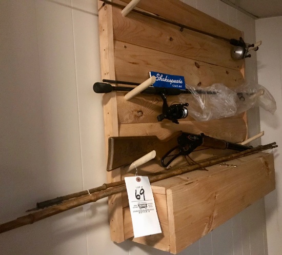 Pine Gun Rack, Daisy Red Ryder BB Gun, Shakespeare Fish Rod & Cane Pole, Misc. Rods