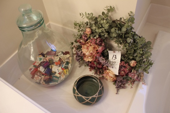 Wreath, Pottery, Glass Jug W/ Matches