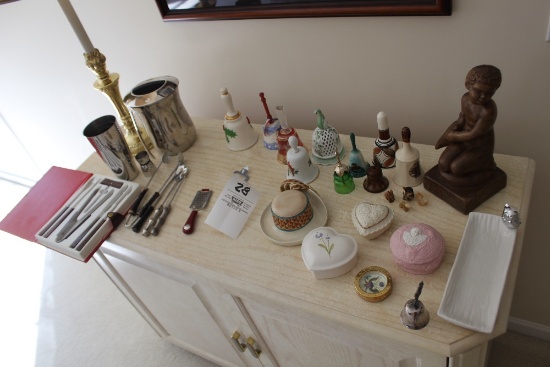Assorted Bells, Lennox Heart-Shaped Jewelry Box, Drink Set & Lamp