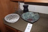 Pottery Bowl, Decor Vase, Cut Glass Decanter & Candlesticks