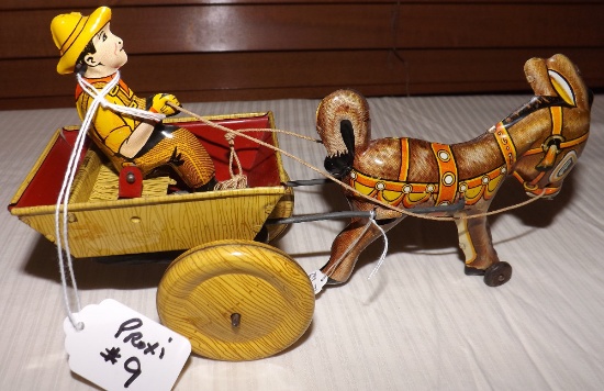 Marx Balking Mule Wind Up Tin Cart, 8.5" Long, Excellent Condition