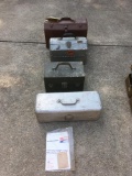 4 antique fishing tackle boxes & 1964 Evenrude 3Hp motor manual
