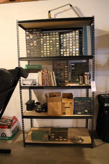 Shelf w/Assorted Electrical Items & Bins, GE CB Radios, Realistic Patrolman Scanning Receiver
