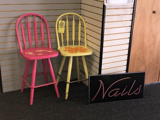 (2) Painted Stools, Lighted Nail Sign