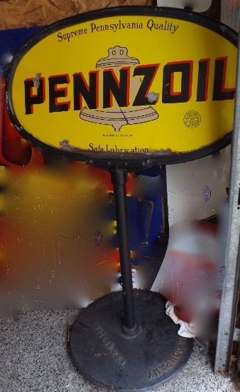 Pennzoil Granite Porcelain Self Standing Sign With Original Iron Base. Pick Up At Cuyahoga Falls, OH