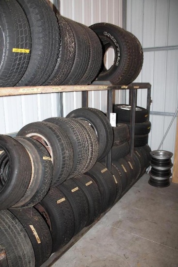 Tire Rack W/ Approx. 30 Tires & Assorted Rims