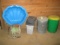 Hose reel & hose, 2 plastic cans,