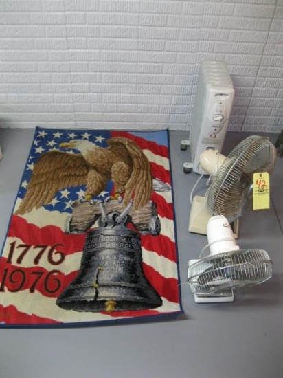 Patriotic rug, two fans, oil heater