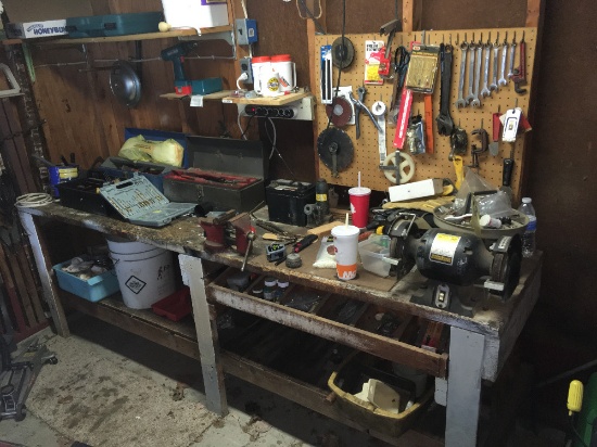 Contents on Workbench - Hand Tools - Toolboxes - Hardware - Etc.