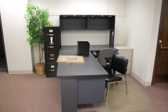 4-Drawer File Cabinet, Corner Desk W/ Hutch Top, 2-Drawer File Cabinet & 2 Chairs