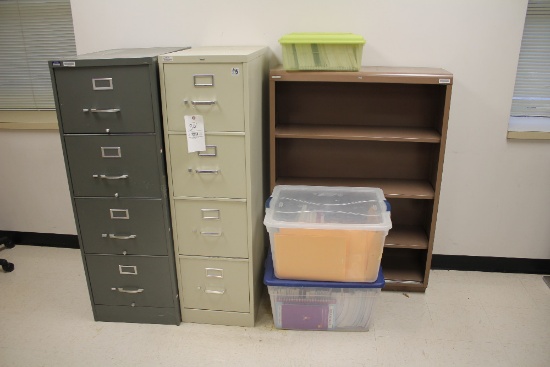 (2) 4-Drawer File Cabinets, Metal Bookshelf &  Asst. Educational Books
