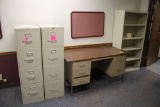 2 Metal Bookcases, 2 Desks & 2 File Cabinets