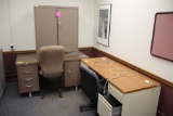 2 Desks, 2 Chairs & Metal Cabinet