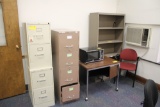 (2) 2-Drawer File Cabinets, 4-Drawer File Cabinet, Rolling Cart, Microwave, Chair