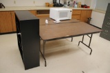 Metal Bookcase, 2 Folding Tables, GE Microwave, Hoover Scrubber & Rug Doctor