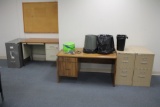 (3) 2-Drawer File Cabinets, 2 Desks, 3 Trashcans, Canon ZR500 Camcorder & Bulletin Board