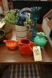 3 Pcs. Fiesta Pottery, Blue Banded PItcher, Candle Holder