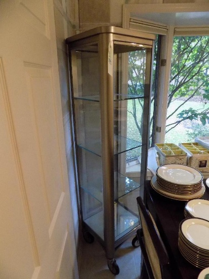 Modern grey finish china cabinet on casters