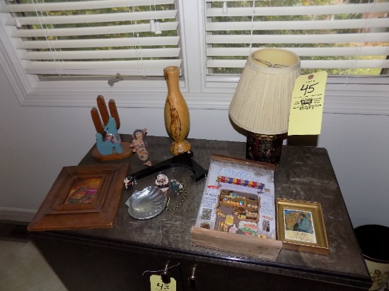 Southwest decor, oriental metal lamp, turned wood vase