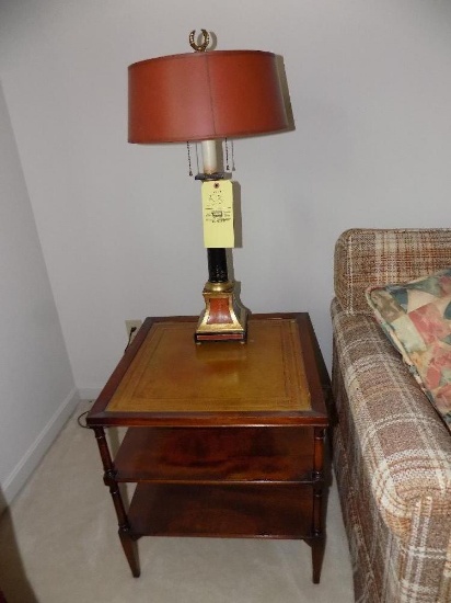 3-tier leather iInlay end table with lamp