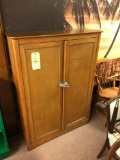 Oak Finish Two-Door Cabinet With Latch, Green Shelf And Bench