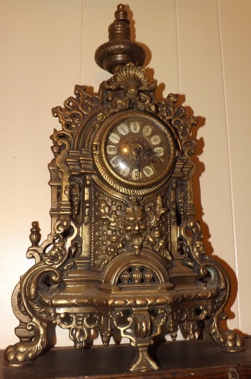 Ornate Brass Mantle Clock, Signed Franz Hermle Works, Two Jewels