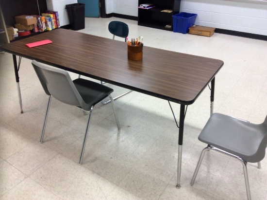 (2) Student Tables, (2) Teachers Desks, (2) Rolling Tables, Bookshelf, (2) File Cabinets,