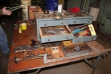 Wood Chest w/ Assorted Machinist Tools inc. Dial Indicators, end Mills, Drill Bits, Threader