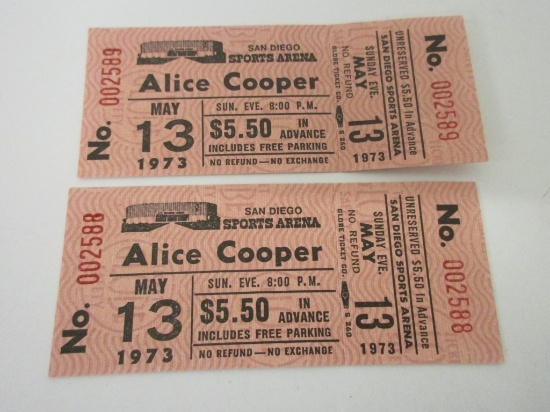 Alice Cooper Concert Tickets May 13, 1973 San Diego Sports Arena Lot of 2