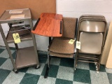 (5) folding chairs, (2) waiting chairs, (2) carts