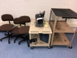 (2) carts, printer, VCR, (3) desk chairs