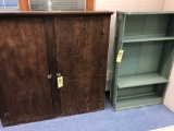 Wood cabinet, metal shelf