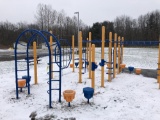 Blue & yellow playground set with blue bench