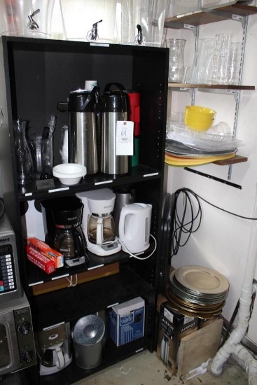 Asst Coffee Pots, Beverage Containers, Shelf & Cups