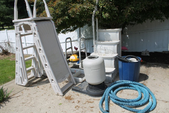 Assorted Pool Equipment Including: Stairs, Hoses, Scrubber