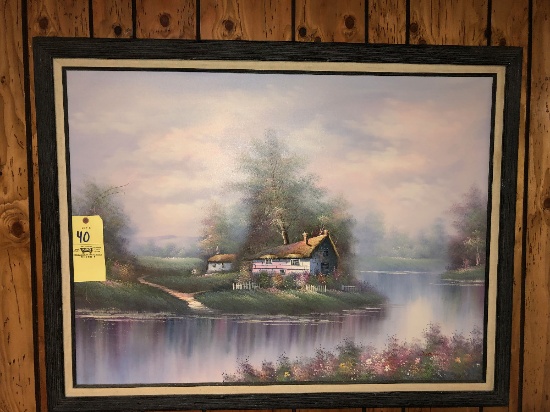 Large Cottage Scene Oil-On-Canvas Signed "Whitman" 45"x36"