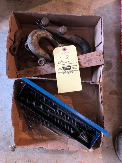 2 Boxes Of Auger Bits And Tow Hooks